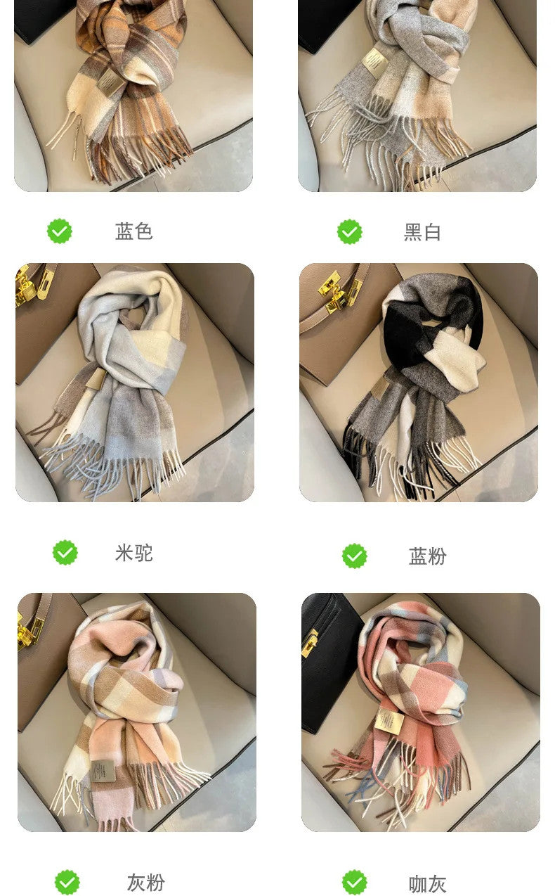 High Quality 100% Pure Wool Plaid Scarf Women Couples Winter Autumn Soft Warm