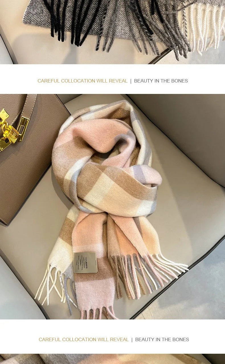 High Quality 100% Pure Wool Plaid Scarf Women Couples Winter Autumn Soft Warm