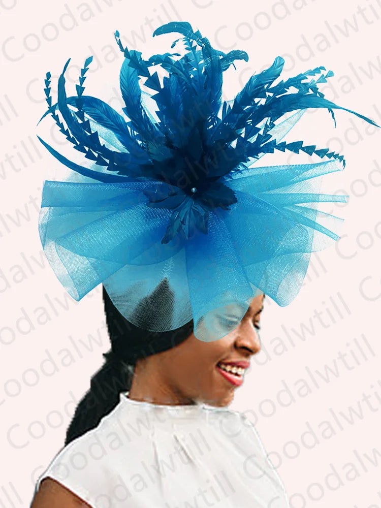 Kentucky Derby Big Fascinator Hat Women Wedding Elegant Feather Pillbox Cap