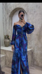 Women Floral Lantern Long Sleeve Dress Elegant Rhinestone Off Shoulder Maxi