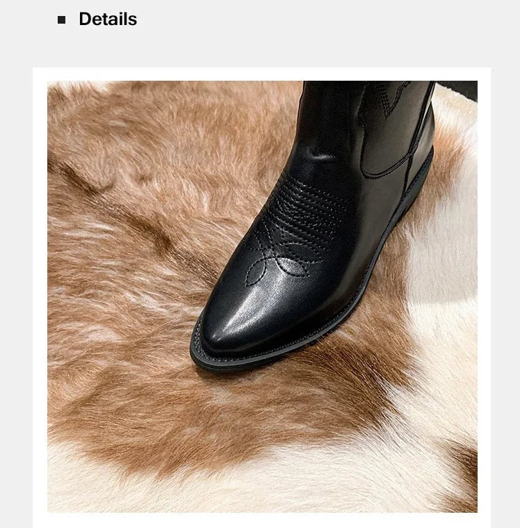 Vintage Black Western Cowboy Boots for Women Heels PU Leather Ankle Booties