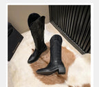 Vintage Black Western Cowboy Boots for Women Heels PU Leather Ankle Booties