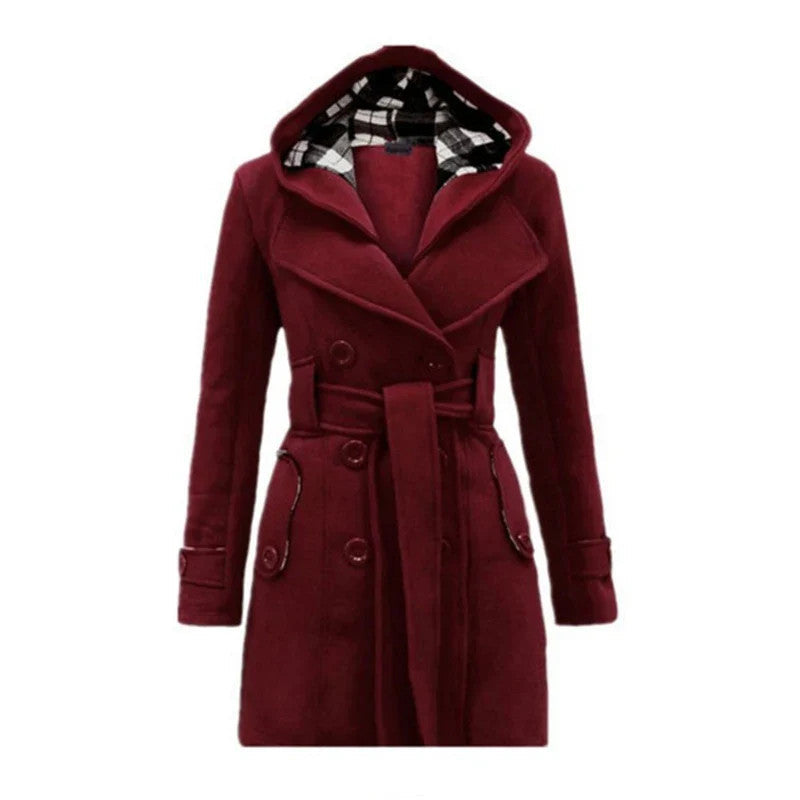 Fashionable Women's Woolen Warm Fleece Double Breast Jacket With Belts