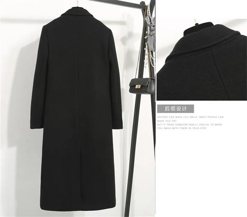 Women's Winter Classic Black Woolen Mid-Length Woolen Blend Overcoat