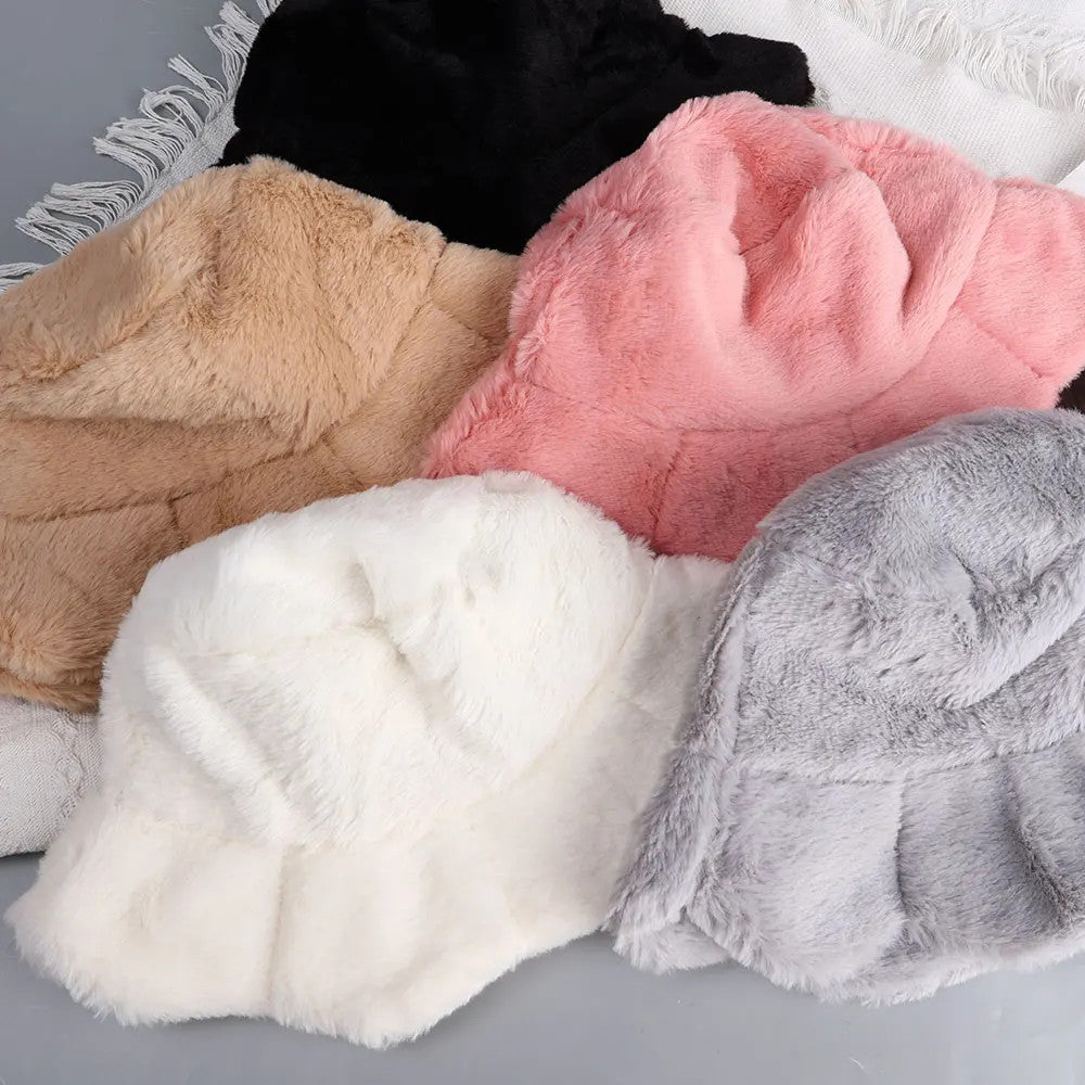 Women Girls Faux Fur Bucket Hat Plush Warm Fisherman Hat Outdoor Windproof