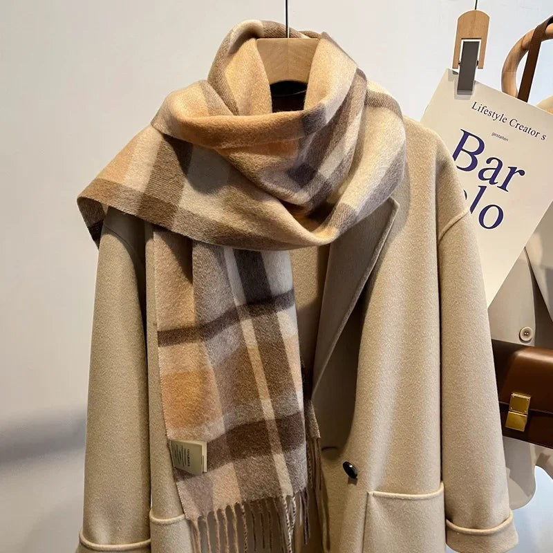 High Quality 100% Pure Wool Plaid Scarf Women Couples Winter Autumn Soft Warm