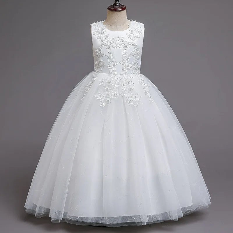 Girls White Lace Pearl Flower Princess Dress For Sequins Sleeveless First