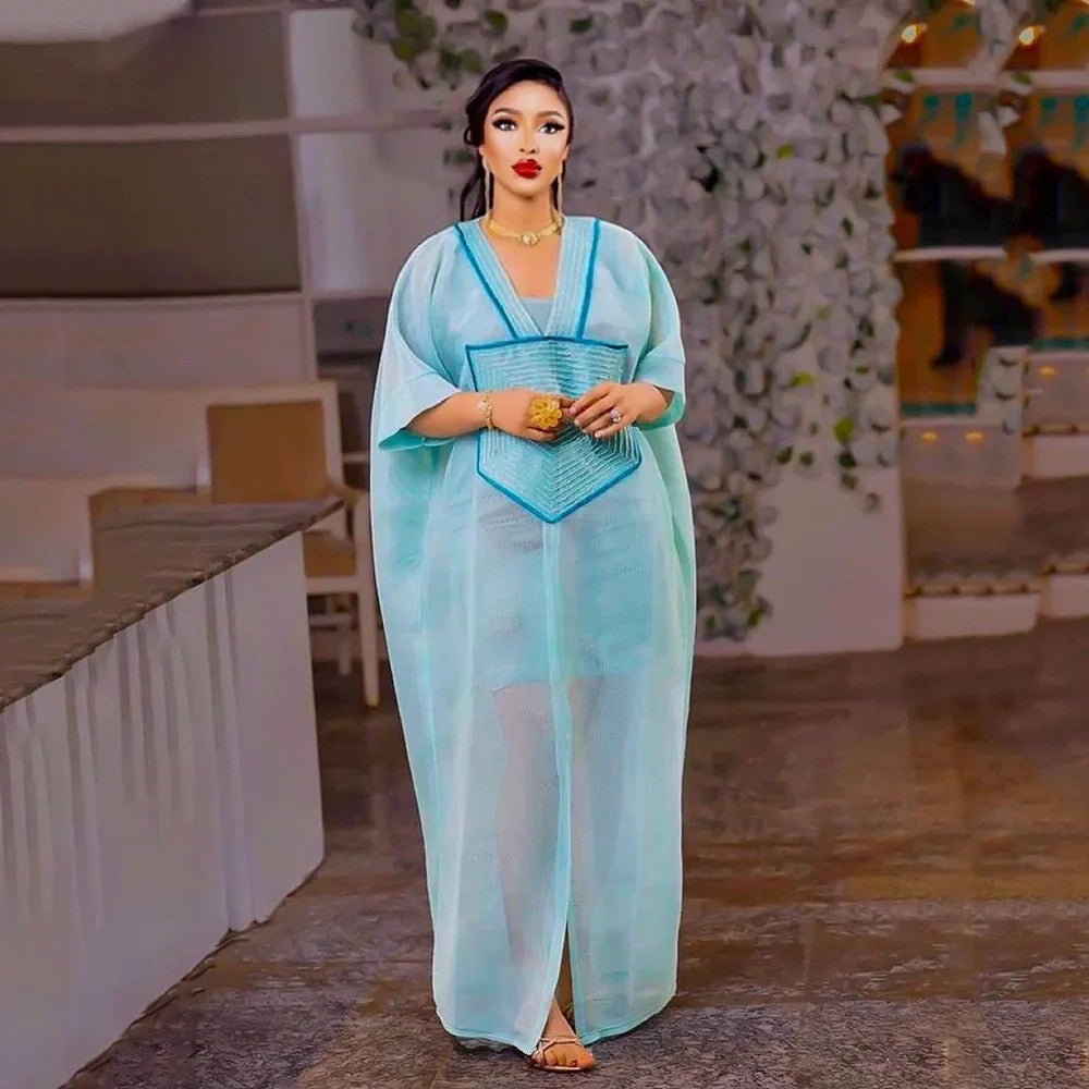 African Modern design blue mesh embroidered deep V-neck plus size skirt with