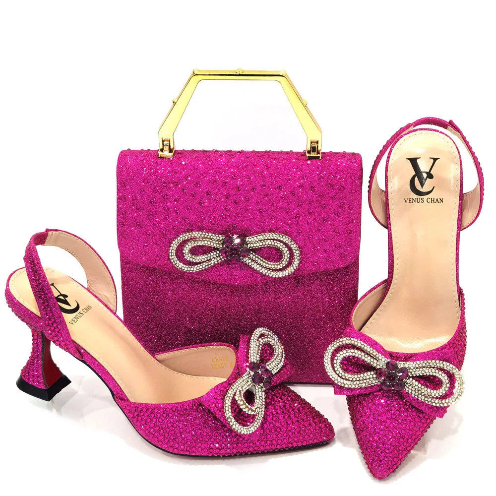 Women's Rhinestone Bow Side Italian Party Shoes And Bags Set