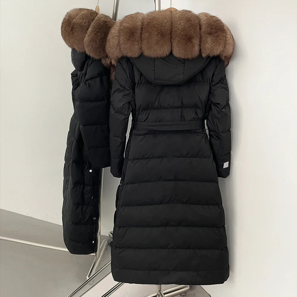 Real Faux Fur Collar Puffer Jacket Duck Down Thick Coat For Women
