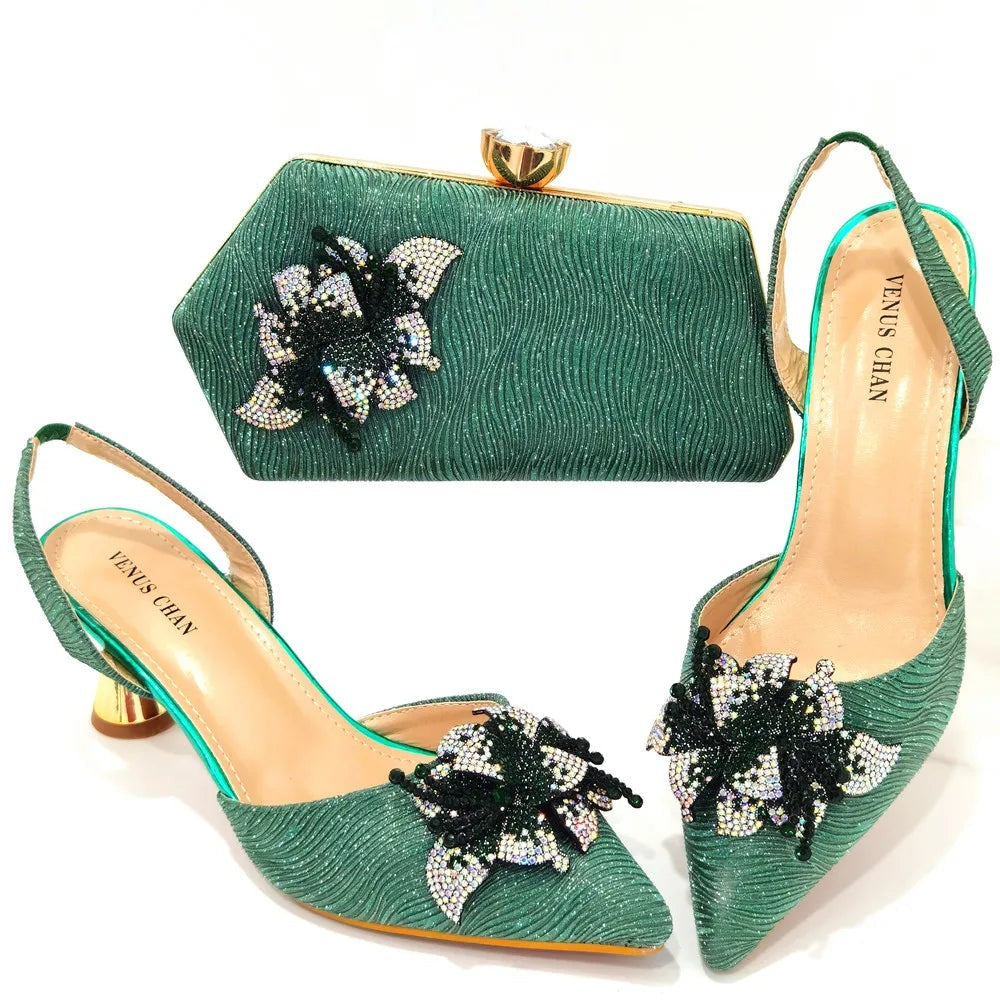 FASHION SHOE Sandals Women 2022 High Heels sexy Green Color Rhinestone Flowers