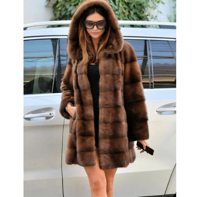 Women's mink fur coat medium long hooded Jacket