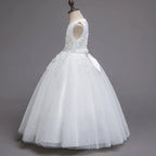Girls White Lace Pearl Flower Princess Dress For Sequins Sleeveless First