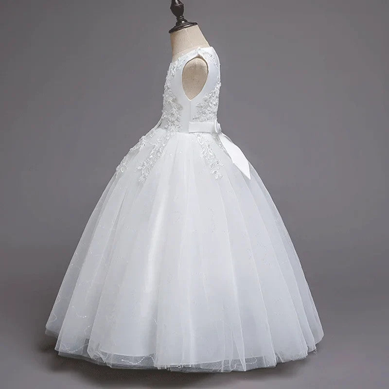 Girls White Lace Pearl Flower Princess Dress For Sequins Sleeveless First