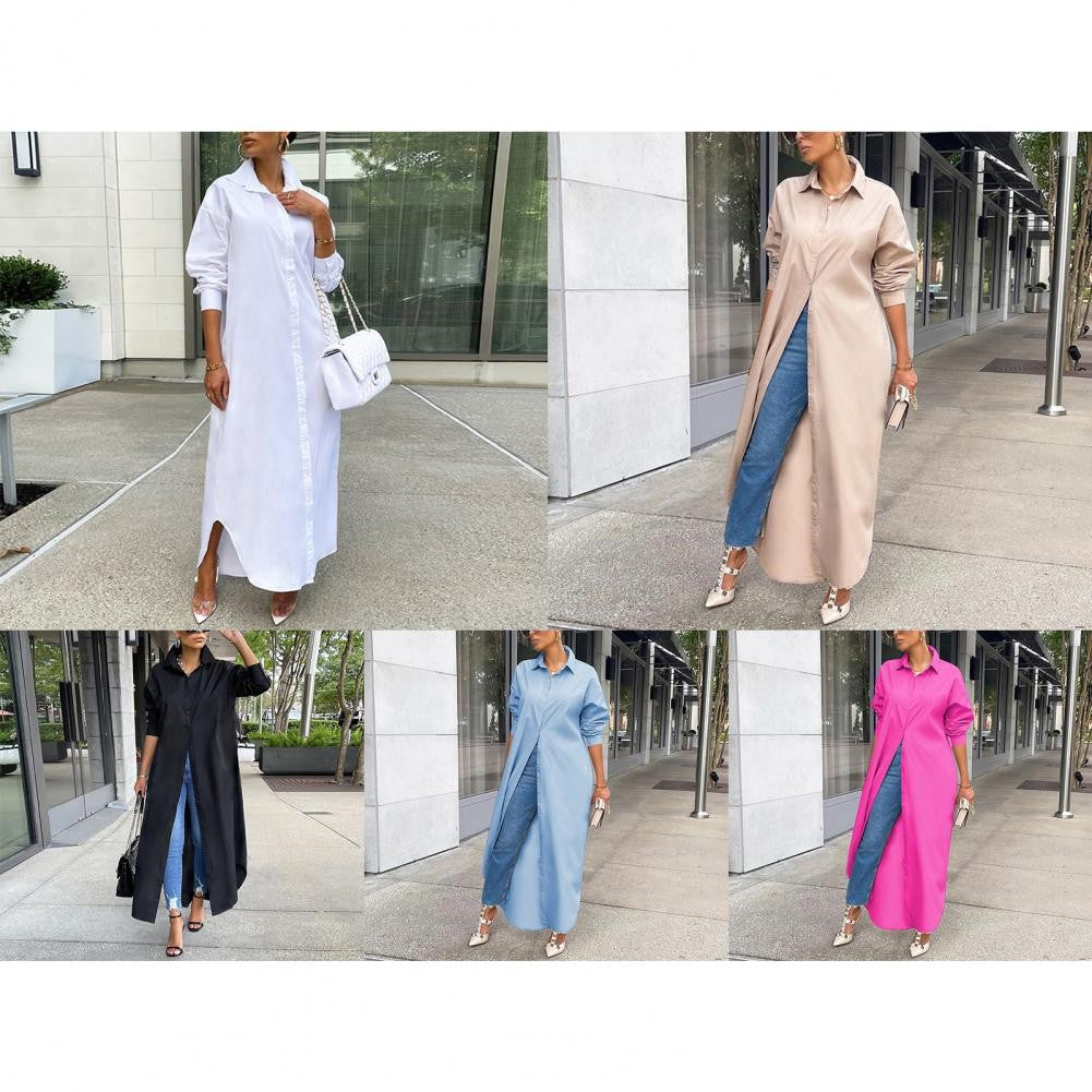 Women Shirt Windproof Shirt Dress Versatile Hem Stylish Autumn Winter Solid