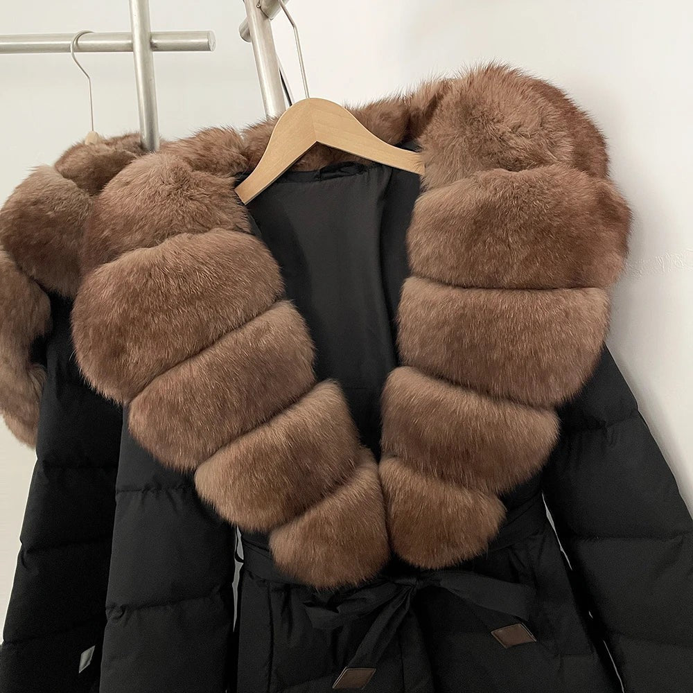 Real Faux Fur Collar Puffer Jacket Duck Down Thick Coat For Women