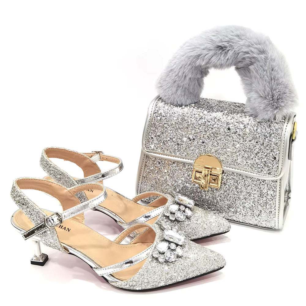 Women's Italian Fashion Peep Toe Pump Shoes with Matching Bag Set for Wedding
