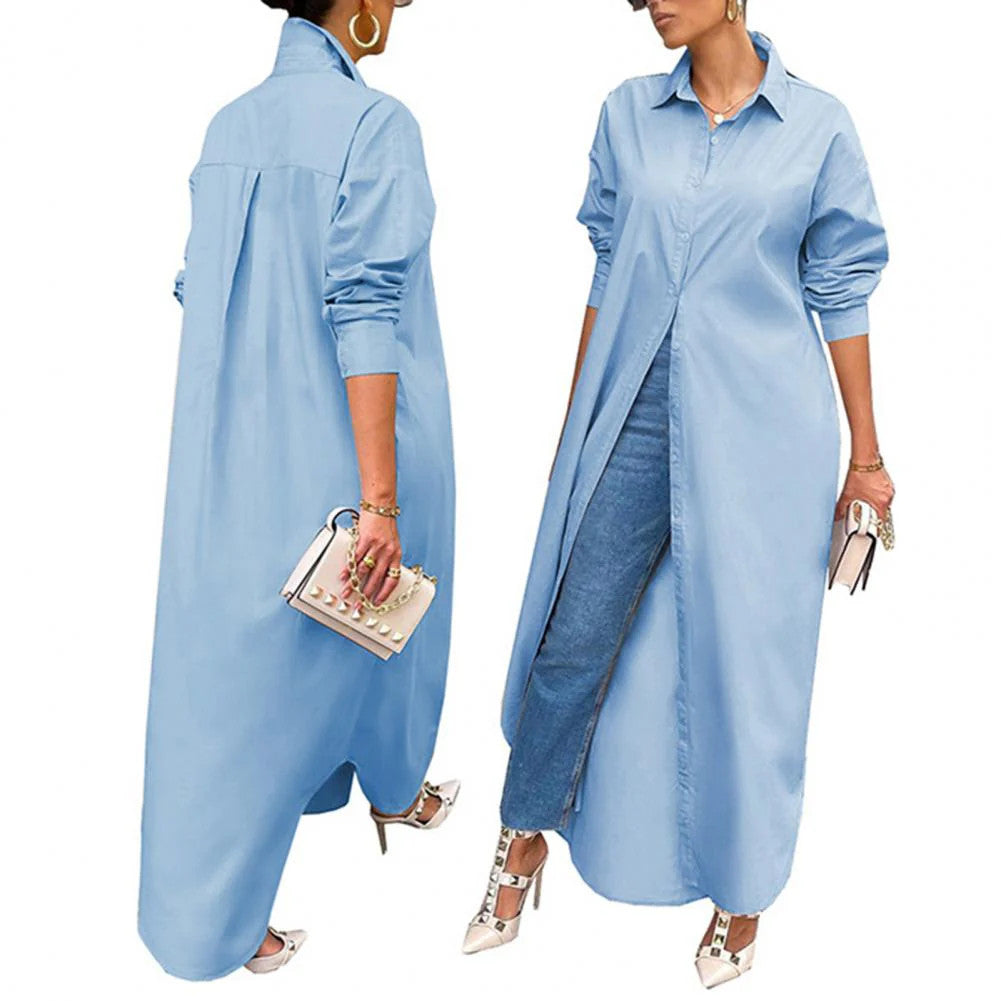 Women Shirt Windproof Shirt Dress Versatile Hem Stylish Autumn Winter Solid