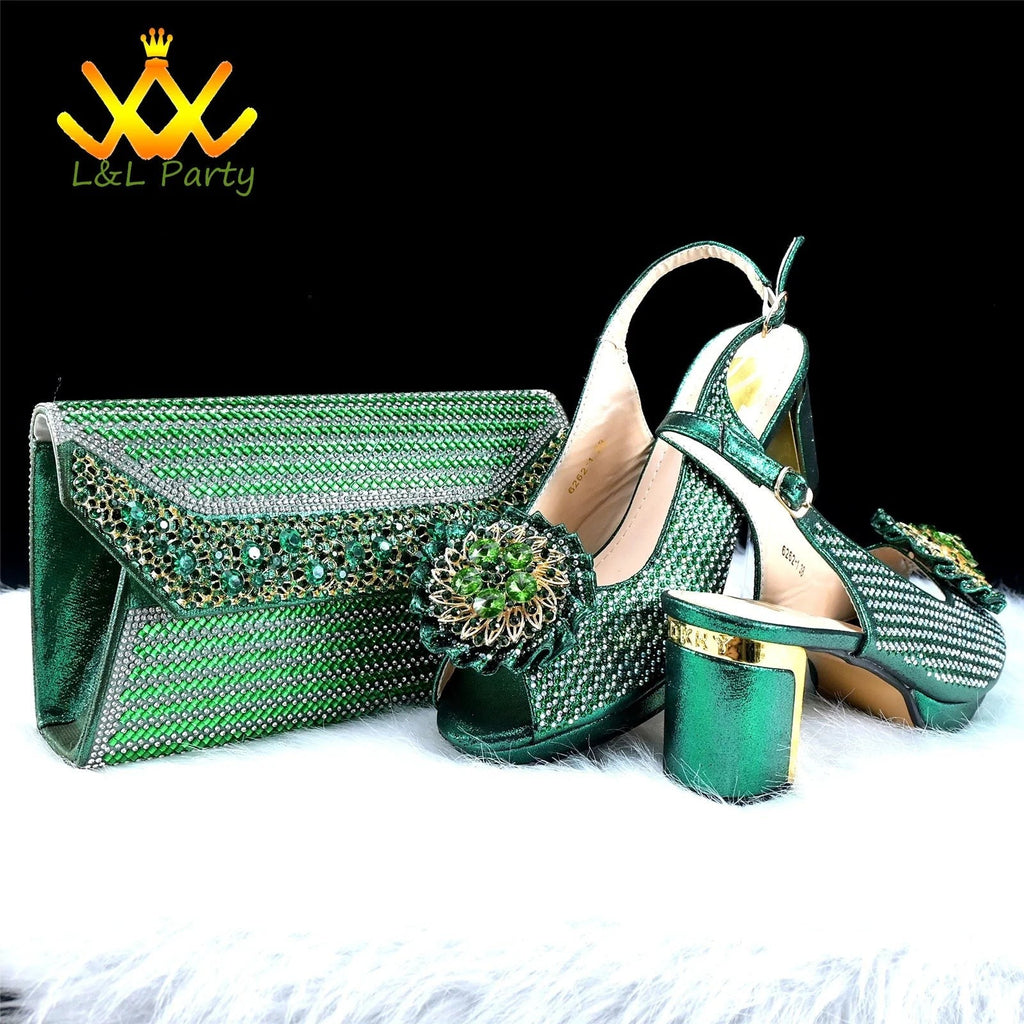 2025 Special New Arrivals Italian Women Shoes and Bag to Match in Green Color