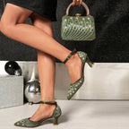 Women's Elegant Rhinestone Pointed Toe Pumps With Matching Shoes And Bag Set