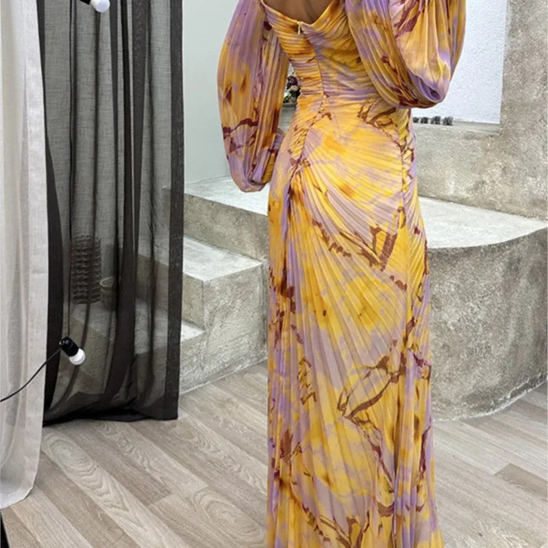 Women Floral Lantern Long Sleeve Dress Elegant Rhinestone Off Shoulder Maxi