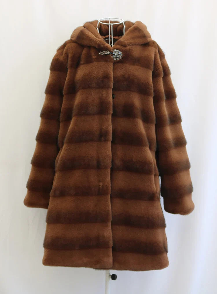 Women's mink fur coat medium long hooded Jacket