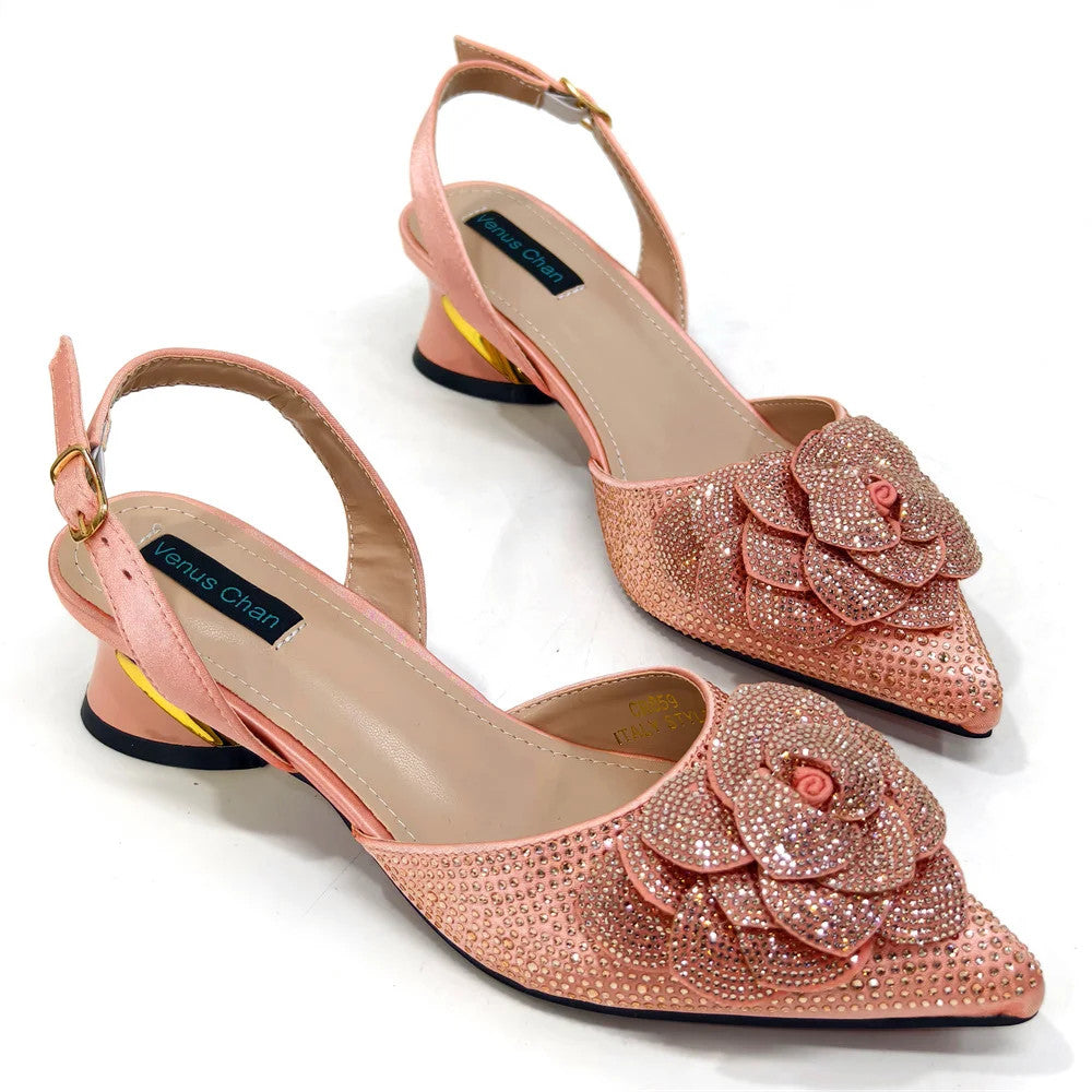 Women's Pointed-Toe Large Flower Decoration Rhinestone Low Heel Italian Shoes