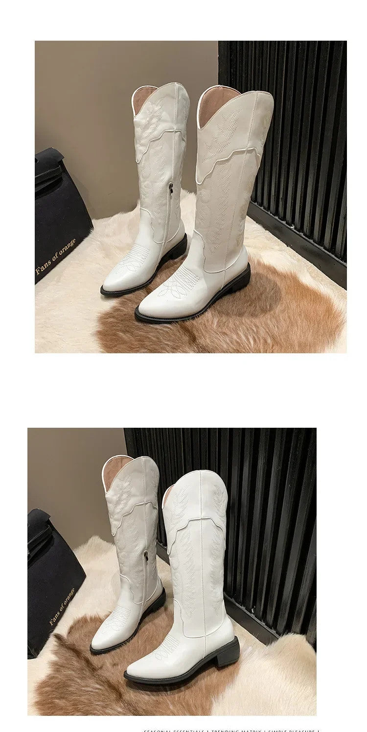 Vintage Black Western Cowboy Boots for Women Heels PU Leather Ankle Booties
