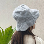 Women Girls Faux Fur Bucket Hat Plush Warm Fisherman Hat Outdoor Windproof