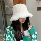 Women Girls Faux Fur Bucket Hat Plush Warm Fisherman Hat Outdoor Windproof
