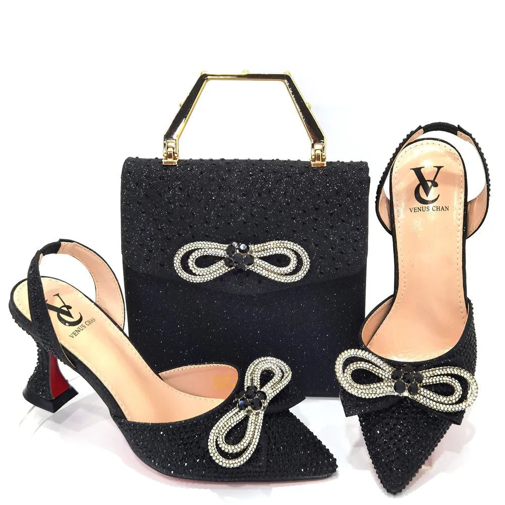 Women's Rhinestone Bow Side Italian Party Shoes And Bags Set