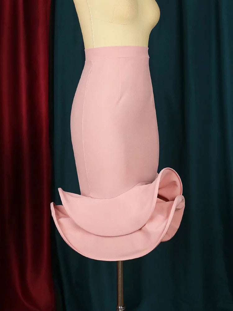 Women's Pink Stretch Skirt with Ruffles Mid-Length High Waist