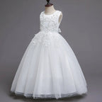 Girls White Lace Pearl Flower Princess Dress For Sequins Sleeveless First