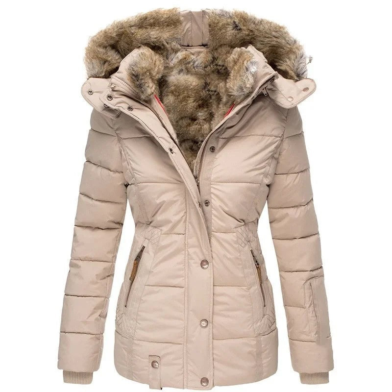 Winter Warm Wool Collar Cotton Coat Womens Zipper Long Sleeve Slim Fit Hooded