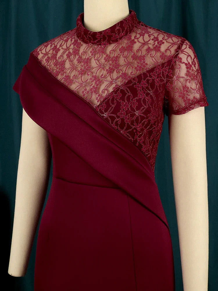 Black Long Prom Dresses High Neck Lace Patchwork Bodycon Women Evening Cocktail