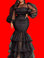Women's Polka Dot Sheer Organza O Neck Long Lantern Sleeve Ruffles Dress