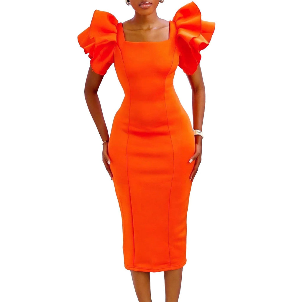CM.YAYA Women Ruffles Short Sleeve Square Collar Knee Length Dress Street
