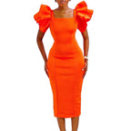 CM.YAYA Women Ruffles Short Sleeve Square Collar Knee Length Dress Street