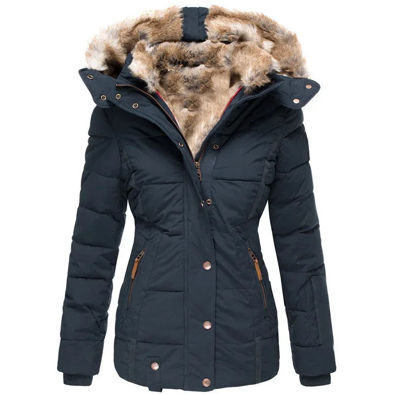 Winter Warm Wool Collar Cotton Coat Womens Zipper Long Sleeve Slim Fit Hooded