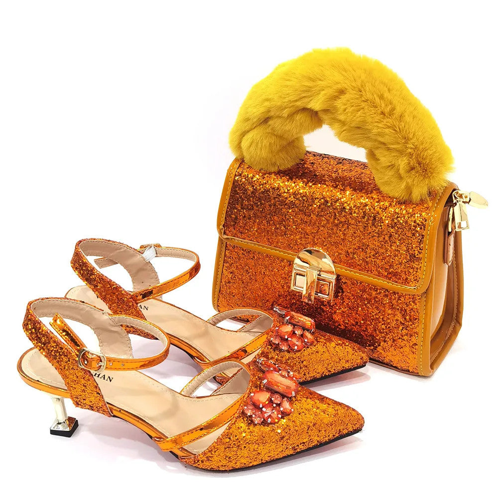 Women's Italian Fashion Peep Toe Pump Shoes with Matching Bag Set for Wedding