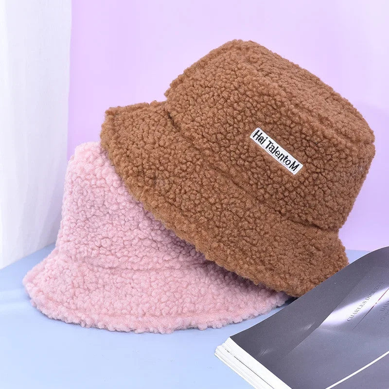 Women Girls Faux Fur Bucket Hat Plush Warm Fisherman Hat Outdoor Windproof