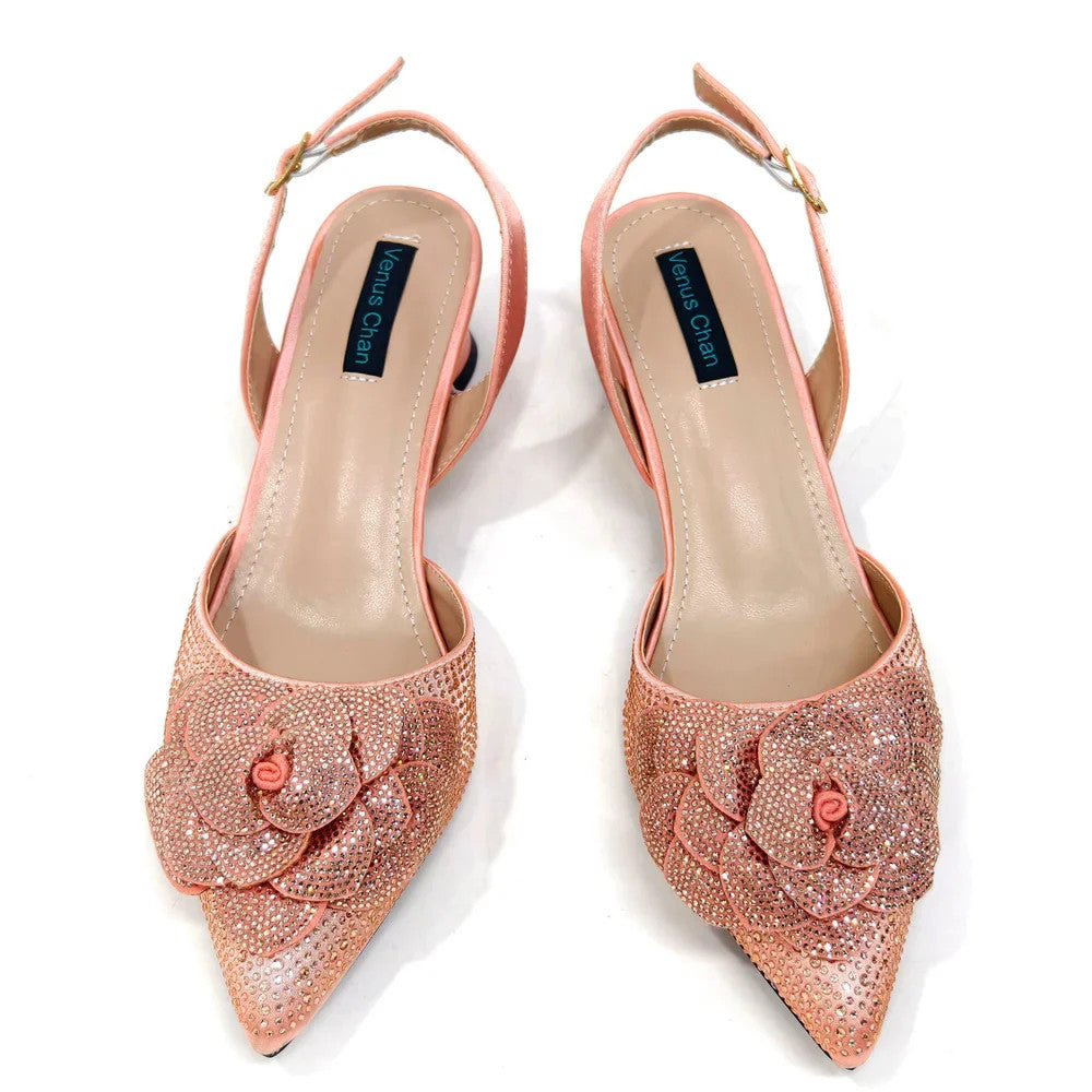 Women's Pointed-Toe Large Flower Decoration Rhinestone Low Heel Italian Shoes