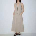 Women's Stylish & Elegant Solid-Color V-Neck Button-Up Dress
