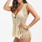 Japanese Style Hollow Cross Tassel Beach Cover-up