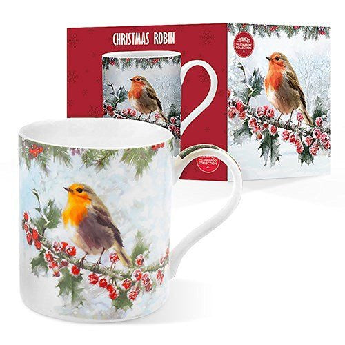 Robin Snow Winter Scene Christmas Festive Fine China Novelty Mug with Presentation Box