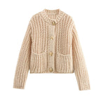 Pocket-button Knitted Women's Round-neck Ingot Sweater Coat