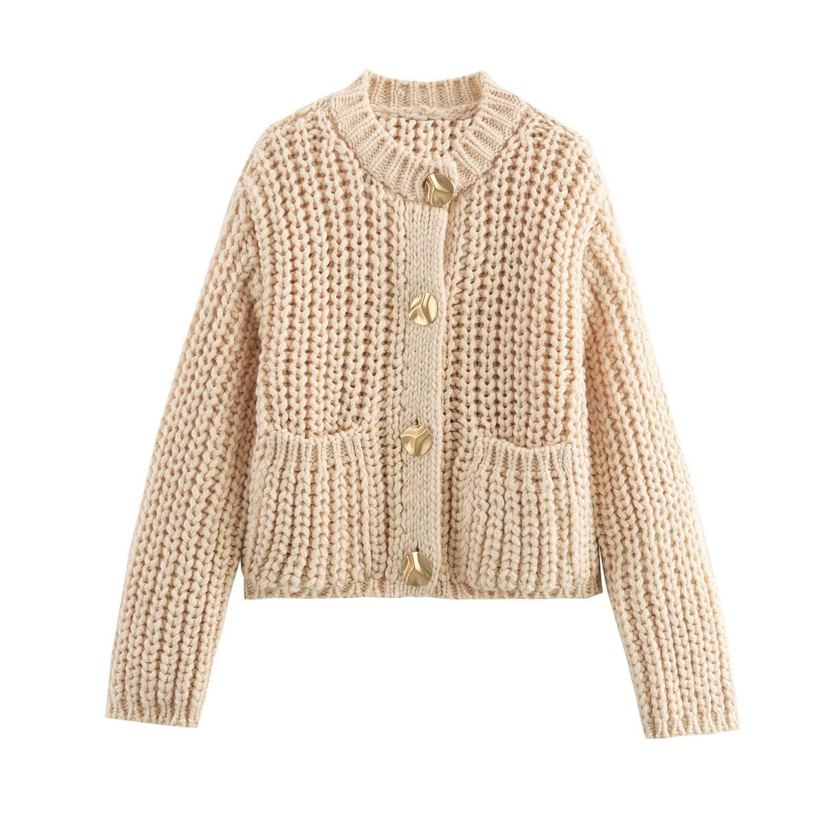 Pocket-button Knitted Women's Round-neck Ingot Sweater Coat