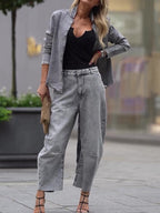 Denim Tie Long Sleeve Top & High Waist Pants Set