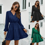 2024 FallWinter New Women's V-neck Lace-up Long-sleeve Dress
