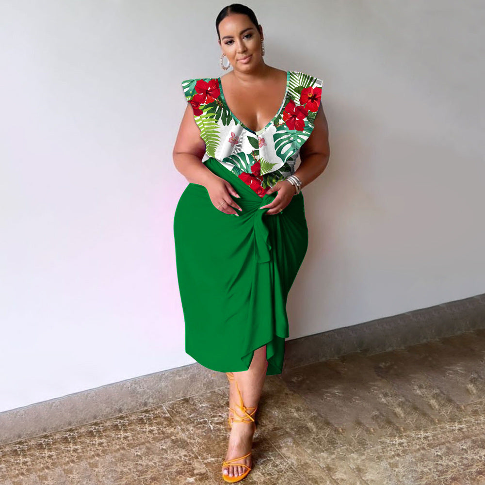 New Stylish Casual V-neck Printed Jumpsuit Printed Skirt Plus-size Two-piece Set